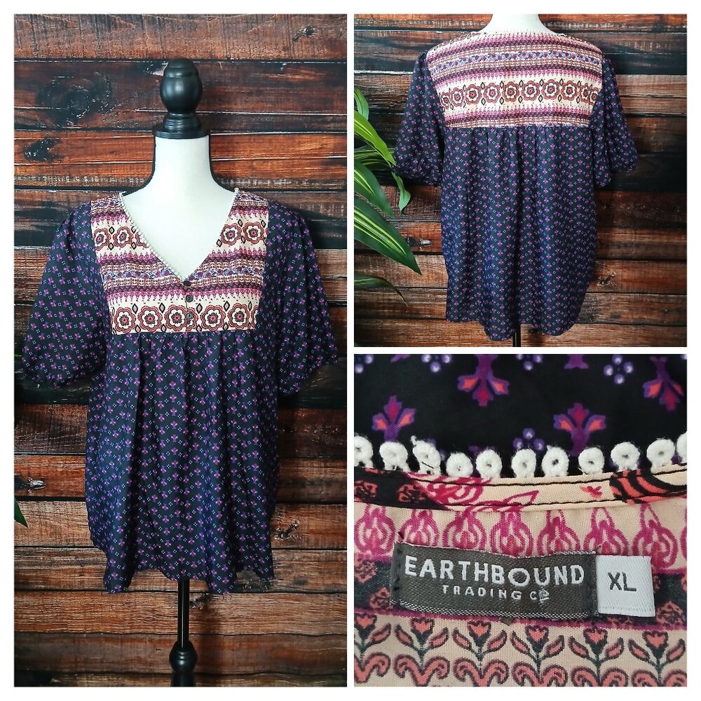 Earthbound Trading Co Top XL Peasant Hippie Boho Purple Flowy